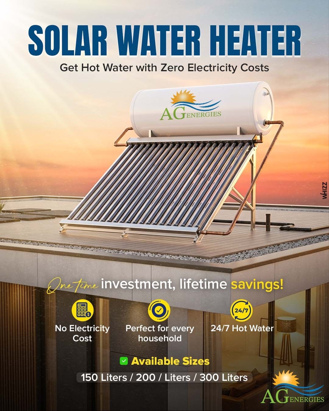 AG Energies Solar Water Heaters offer hot water entirely by the sun